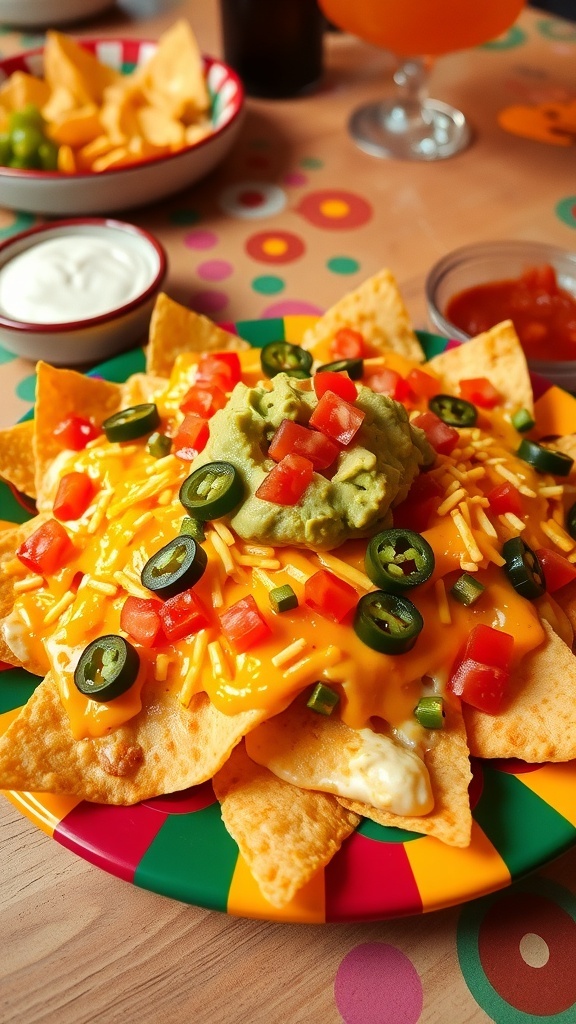 A plate of cheesy nachos topped with jalapeños, tomatoes, and guacamole, served with sour cream and salsa.